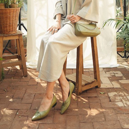ست کفش و کیف دوشی زنانه رنگ سبز با زنجیر فلزی | چرم آرا